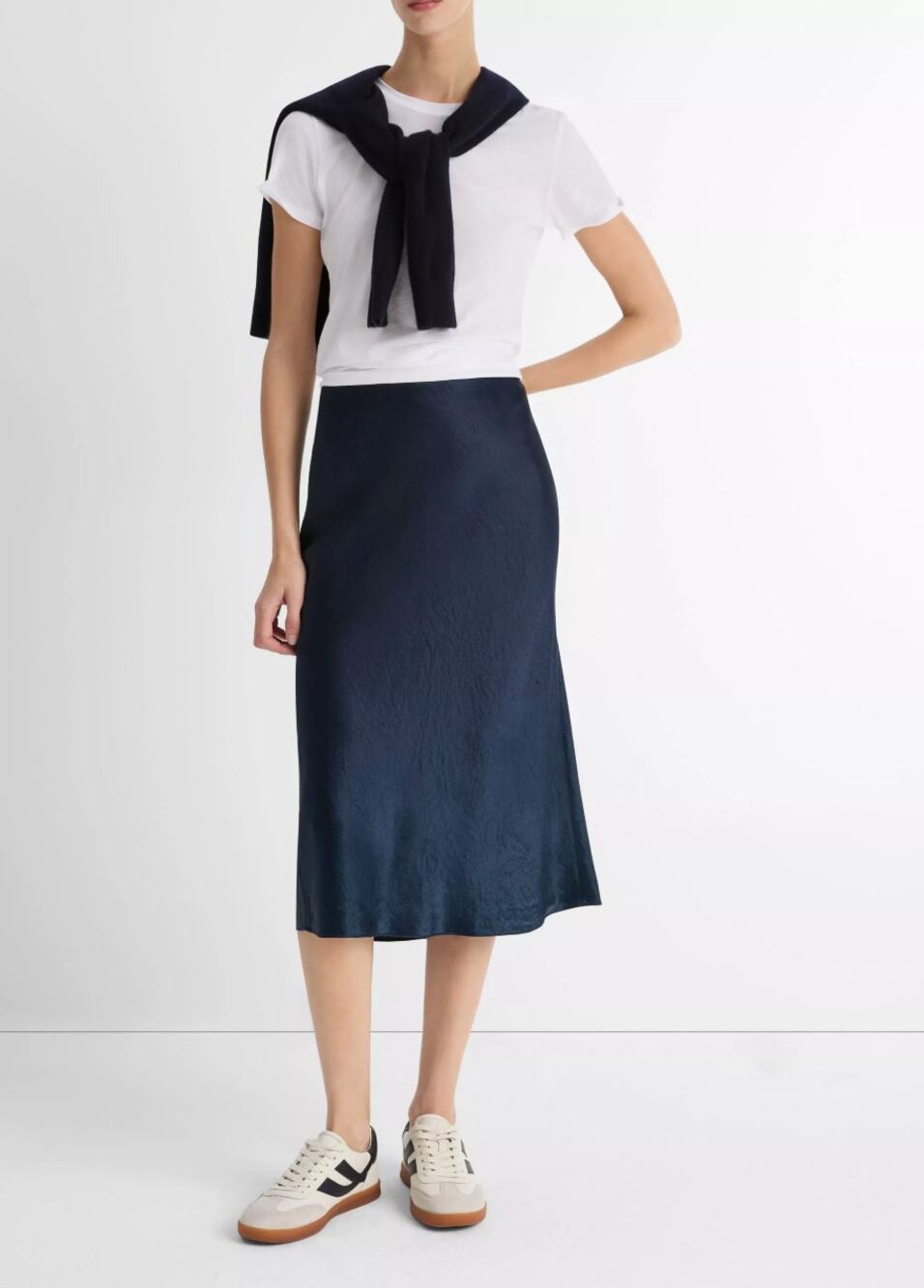 VINCE Satin Slip Midi Skirt Coastal Blue Sz L $298 {BB29}
